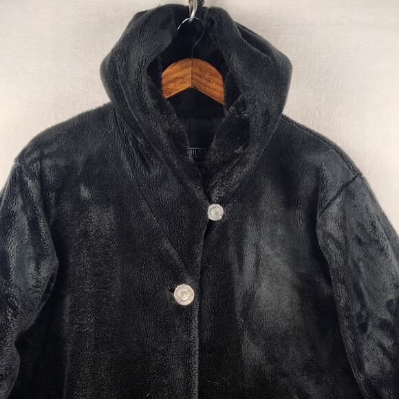 NILS Vintage Hooded Fleece Coat Women’s SZ M Black Long Button Front Lined EUC - Picture 4 of 16